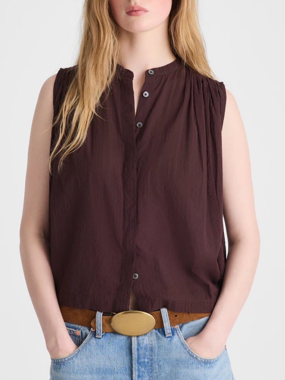 Madewell Shirred Cotton Seersucker Sleeveless Button Up Blouse Brown Size M NWT